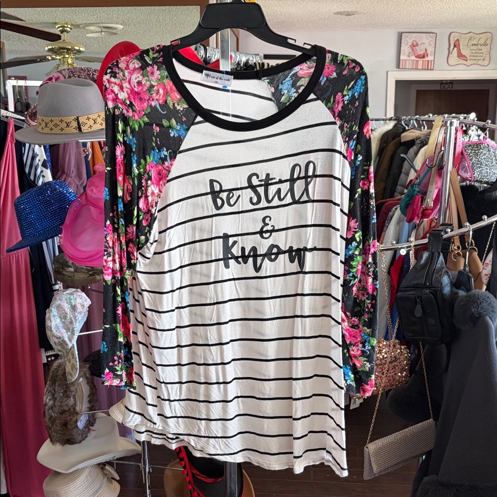 Floral Stripe Long Sleeve Tee - Black and White